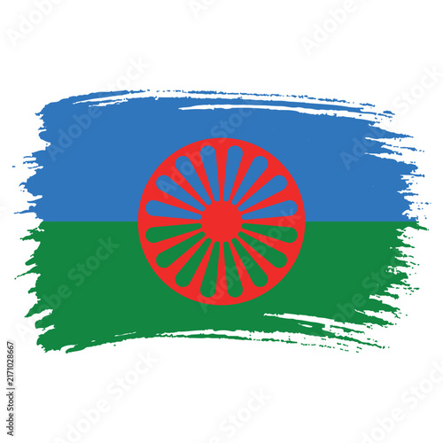 Romani flag brushstroke texture blue green field red wheel