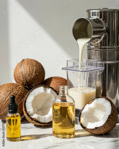 Fresh Coconut Milk and Coconut Oil Production with Whole Coconuts – Natural Beauty and Wellness Concept