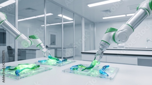 Futuristic 3D render of robotic arms manipulating glowing bioluminescent organic materials in a sterile laboratory setting, suitable for biotechnology and synthetic biology themes.