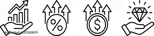 Set of Business Growth and Financial Success Icons Representing Wealth and Profit Investment Strategy