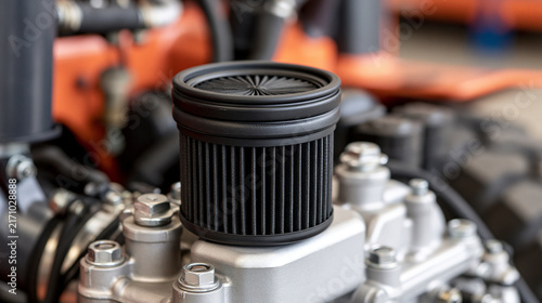 Forklift truck air filter removed for inspection and maintenance, pleated industrial filter displayed beside clean machinery components in bright workshop light, forklift, air filter,