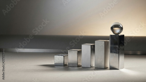 Metal Blocks Rising Toward a Glass Sphere – Symbolizing Business Growth, Success and Leadership