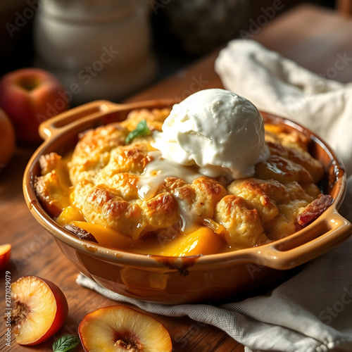 Delicious Warm Peach Cobbler Served in a Rustic Ceramic Dish with Vanilla Ice Cream and Fresh Peaches