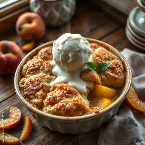 Freshly Baked Peach Cobbler with Juicy Golden Peaches, Buttery Crust and Melting Vanilla Ice Cream