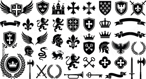 Medieval Heraldry Silhouette Vector Collection Featuring Shields Crowns Swords Lions and Crest Elements Isolated on White Background for Vintage Graphic Designs
