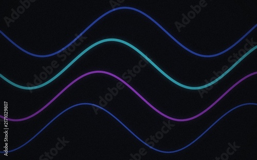 Abstract background, with multiple parallel, wavy lines in, blue, cyan, and, purple colors set, against a dark, black textured surface backdrop