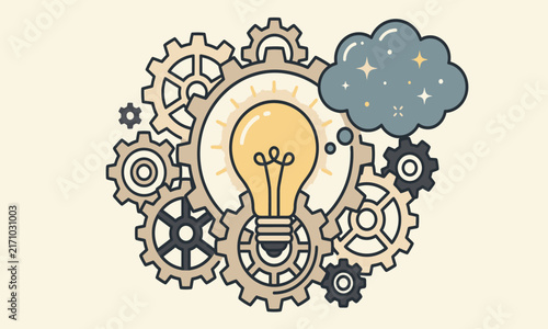 Conceptual Illustration of a Glowing Light Bulb Surrounded by Mechanical Gears and a Thinking Cloud