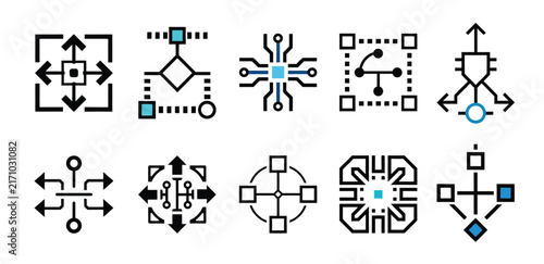 vector icon showing a simple decision path with two branches leading into one highlighted output node, combined with a small AI circuit element, representing automated decision making.
