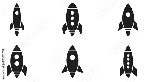 Rocket Icon Set with Window Variations – Black Silhouette Spaceship Vector Icons