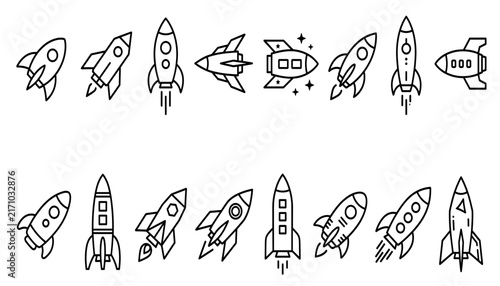  Rocket Line Icon Set – Outline Spaceship & Space Shuttle Vector Icons