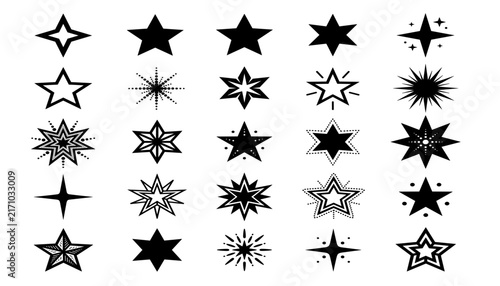 Black Silhouette Star Icon Set – Sparkle & Twinkle Shape Symbols