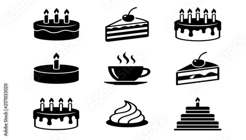 Cake & Dessert Icon Set – Birthday Cake, Coffee, Whipped Cream Vector Icons
