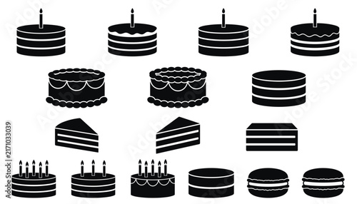 Birthday Cake Icon Set – Black Silhouette Layered Cake Vector Collection