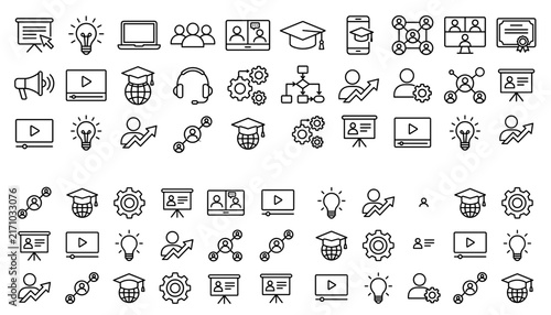 Online Education & E-Learning Icon Set – Training, Webinar, Course Line Icons