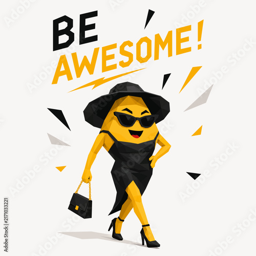Low-poly vector illustration of a stylish yellow character in a black dress and sunglasses with 