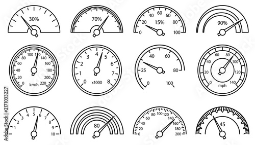 Speedometer & Gauge Meter Icon Set – Percentage, Speed, RPM Dial Line Icons