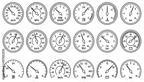 Car Dashboard Gauge Icon Set – Speedometer, Fuel, RPM & Temperature Line Icons