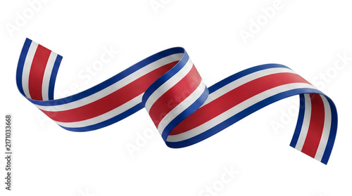 Costa Rica flag ribbon, waving national colors streamer, patriotic blue white red silk banner on white background