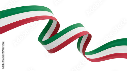 Italian flag ribbon with green white and red stripes, waving silk tricolor banner, curved national colors on white