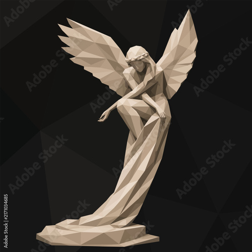 Elegant 3D low-poly vector illustration of a graceful angel statue flying with raised wings, isolated on a dark polygonal background.