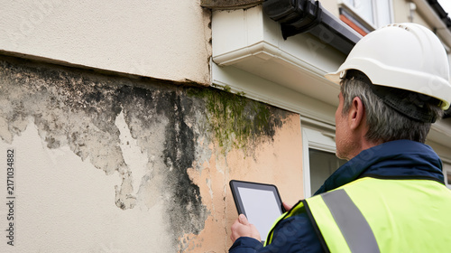 Building inspector assessing water infiltration damage on exterior wall with tablet and safety helmet