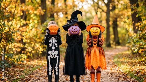 Three happy halloween children in vibrant carnival costumes playfully hide their faces behind pumpkin buckets, creating a cheerful autumnal scene outdoors on a forest path.