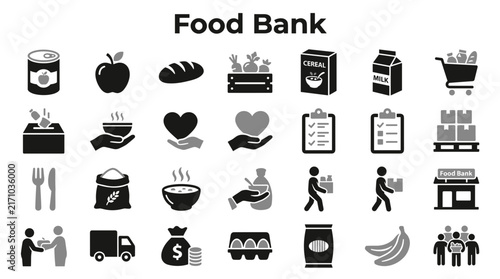 Set of food bank icons depicting charity donation supply chain and community hunger relief programs on a clean isolated background