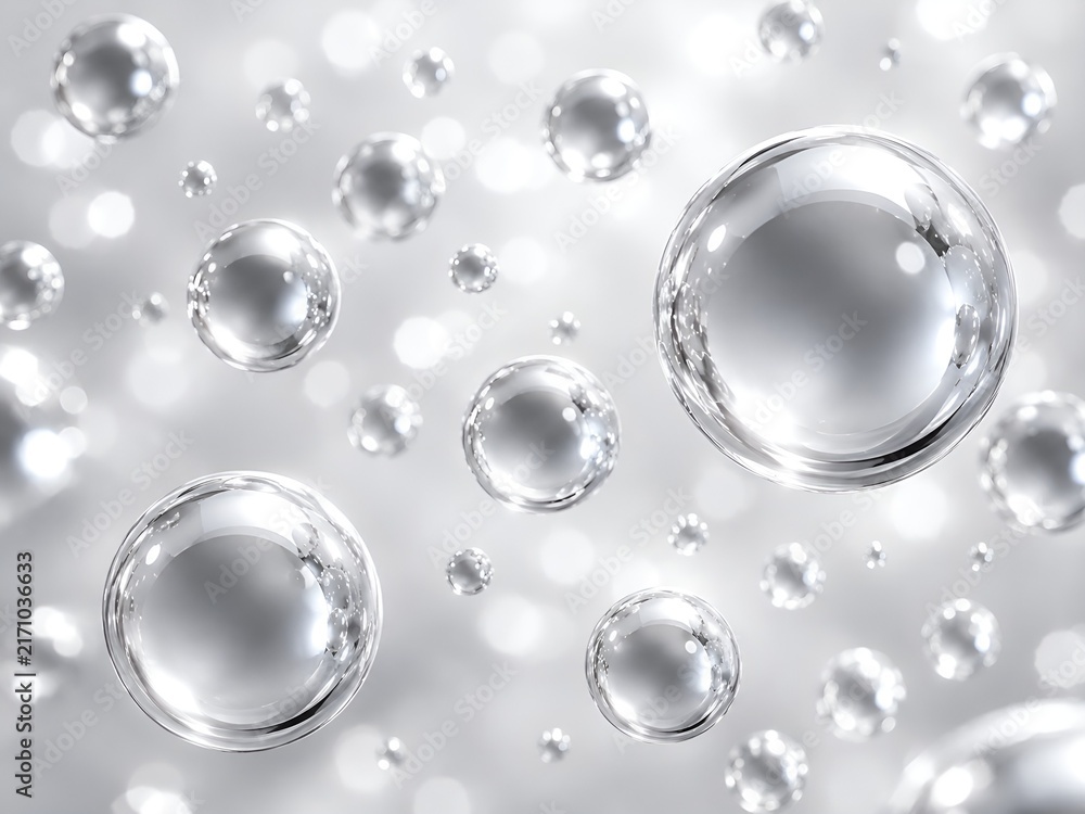 Fototapeta premium Silver Transparent Bubbles on Bright Abstract Background