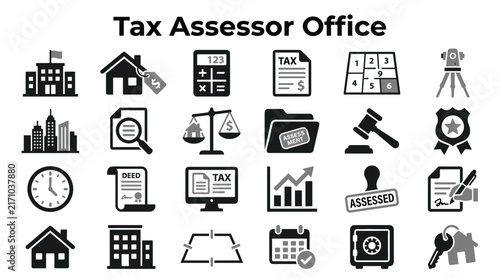 Bild auf Leinwand Set of tax assessor office icons representing property valuation assessment docu