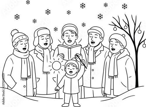 Photography Christmas Carolers Choir Singing in Winter Snow Line Art Vector Illustration wit