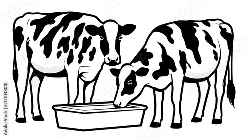 Two black and white spotted cows drink water from a rectangular tank in black ink and white background illustration design clip art graphic