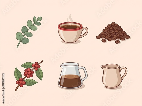 Coffee icon set, vintage cafe illustrations, roasted beans and espresso cup