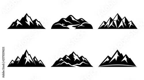 Set of Minimalist Black and White Mountain Peak Silhouette Graphic Icons Isolated