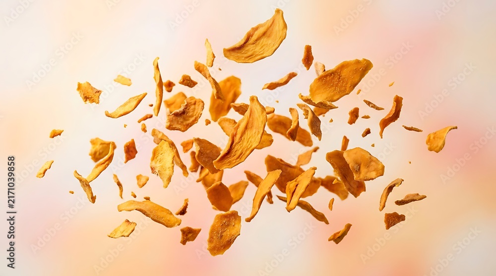 Fototapeta premium Fresh slices of ripe mango fruit flying in the air. dried mango flakes