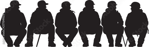 Silhouette of Six Elderly Men Sitting Together on Bench with Walking Sticks - Minimalist Black and White Silhouette Design