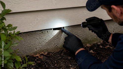 Pest control technician inspecting small gap beneath exterior siding near foundation of residential home, realistic possible insect or rodent entry point
