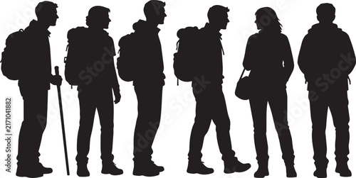 Group of Hikers with Backpacks and Walking Sticks Silhouette Vector Illustration for Travel, Adventure, and Outdoor Activities