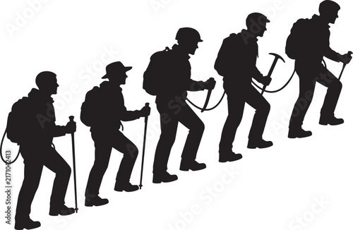 Silhouette Line Art of Hikers with Backpacks and Trekking Poles for Adventure, Travel, and Outdoor Sports Design