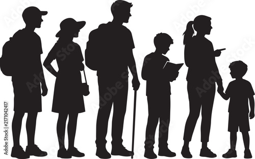 Family Silhouette Vector Illustration - Modern Minimalist People Standing Together in Line for School or Event