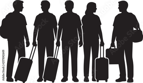 Silhouette Group of Five Business Travelers with Luggage and Briefcase Ready for Trip or Conference - Modern Minimalist Vector Icons