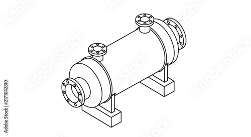 A technical line art illustration of an industrial pressure vessel or heat exchanger with flanges and support legs on a white background.