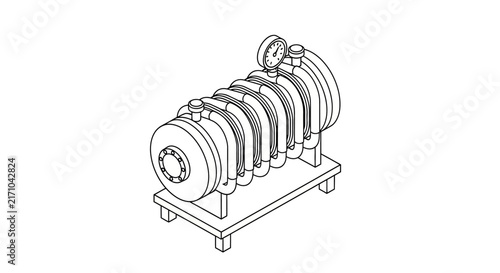 A detailed technical line drawing depicts an industrial heat exchanger or pressure vessel assembly isolated on a white background.