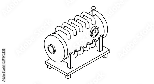 A black and white line art illustration depicts an isometric industrial boiler or pressure vessel mounted on a sturdy metal frame.
