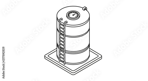A black and white isometric line art illustration depicts a cylindrical industrial storage tank featuring a vertical ladder and a circular gauge on top.