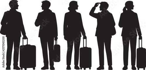 Silhouette Business Travelers with Luggage - Corporate Professionals Waiting at Airport or Train Station Vector Illustration