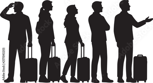 Professional Business Travelers with Luggage Silhouettes - Corporate Team Waiting at Airport or Station Vector Illustration