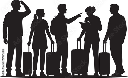 Group of Travelers with Luggage Silhouettes - Airport Departure or Vacation Concept Silhouette Illustration