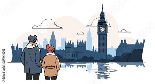 Two people stand by a riverbank looking at the iconic clock tower and parliament buildings in London during a clear day in this flat vector illustration.