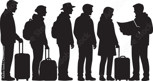 Silhouette Group of Travelers with Luggage and Backpacks - Airport or Train Station Waiting Silhouette People Vector Illustration
