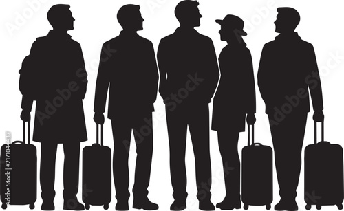 Silhouette Group of Five Travelers with Suitcases Ready for Vacation or Business Trip - Modern Minimalist Silhouette Illustration